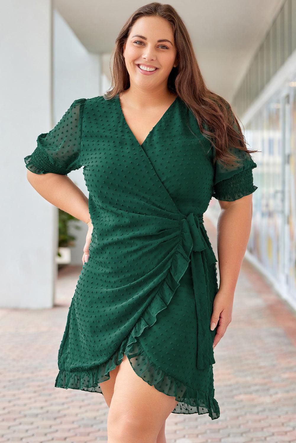 Green Plus Size Swiss Dot Puff Sleeve Wrap Dress - Yara fashion  73933002 Green Plus Size Swiss Dot Puff Sleeve Wrap Dress 