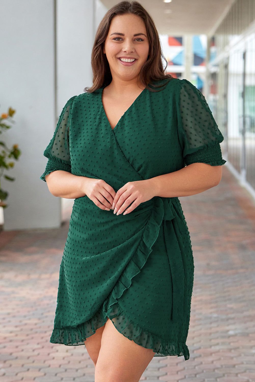 Green Plus Size Swiss Dot Puff Sleeve Wrap Dress - Yara fashion  98371007 Green Plus Size Swiss Dot Puff Sleeve Wrap Dress 