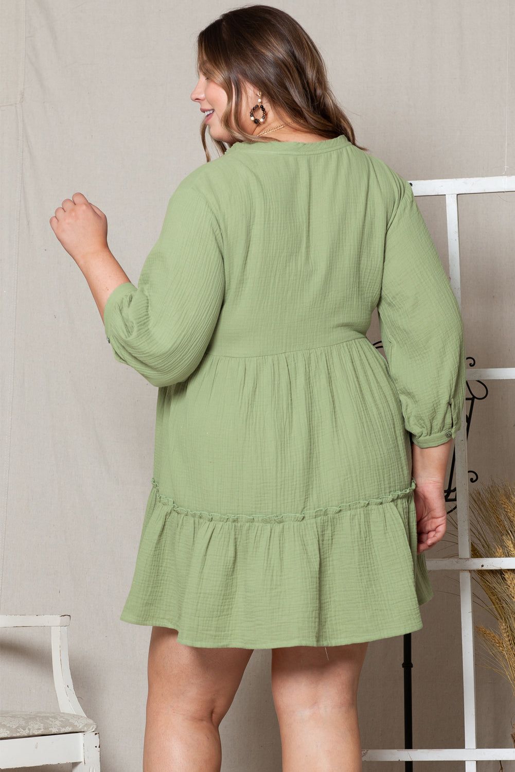 Green Textured Ruffled Buttoned V Neck Plus Size Mini Dress - Yara fashion  84563791 Green Textured Ruffled Buttoned V Neck Plus Size Mini Dress 