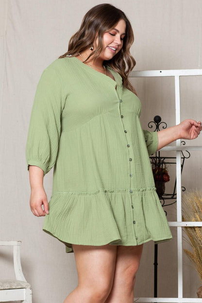 Green Textured Ruffled Buttoned V Neck Plus Size Mini Dress - Yara fashion  11681394 Green Textured Ruffled Buttoned V Neck Plus Size Mini Dress 