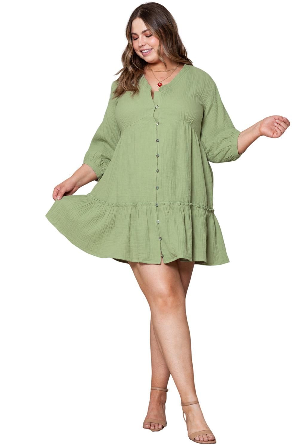 Green Textured Ruffled Buttoned V Neck Plus Size Mini Dress - Yara fashion  37796165 Green Textured Ruffled Buttoned V Neck Plus Size Mini Dress 