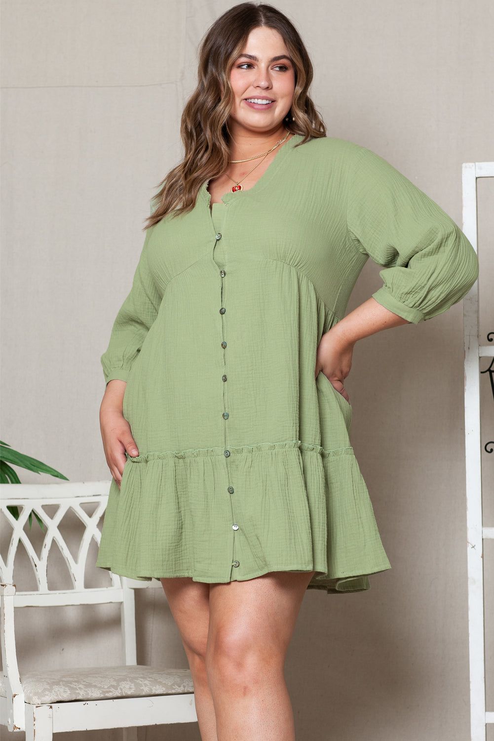 Green Textured Ruffled Buttoned V Neck Plus Size Mini Dress - Yara fashion  24682617 Green Textured Ruffled Buttoned V Neck Plus Size Mini Dress 