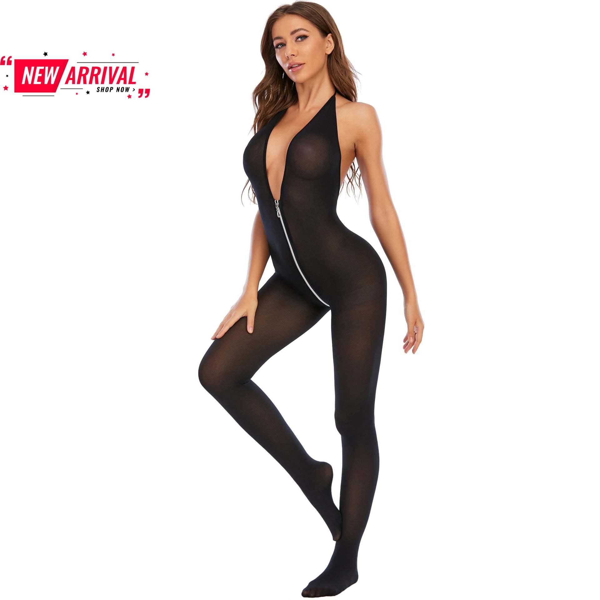 Halter Black V Neck Sexy Lingerie Zipper One Piece Stockings Jumpsuit - Yara fashion  86560598 Halter Black V Neck Sexy Lingerie Zipper One Piece Stockings Jumpsuit 