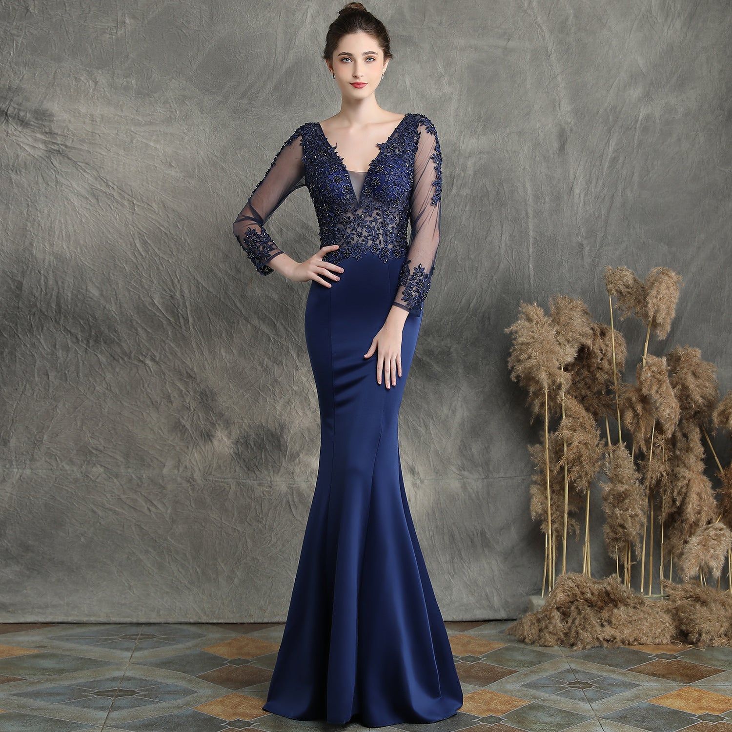 Handmade Applique Beaded Toast Dress Bride Long Long Sleeve Appreciation Dinner Fishtail Wedding Evening Dress Formal Gown - Yara fashion  20349981 Handmade Applique Beaded Toast Dress Bride Long Long Sleeve Appreciation Dinner Fishtail Wedding Evening Dress Formal Gown 