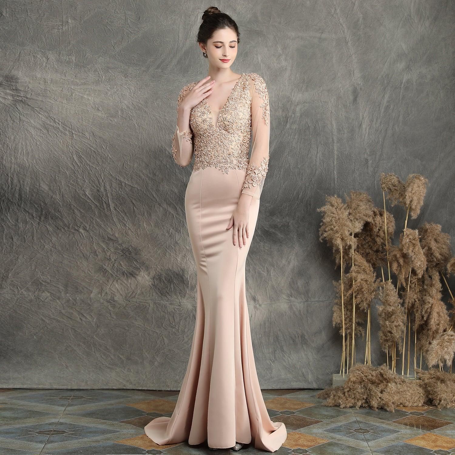 Handmade Applique Beaded Toast Dress Bride Long Long Sleeve Appreciation Dinner Fishtail Wedding Evening Dress Formal Gown - Yara fashion  21029818 Handmade Applique Beaded Toast Dress Bride Long Long Sleeve Appreciation Dinner Fishtail Wedding Evening Dress Formal Gown 