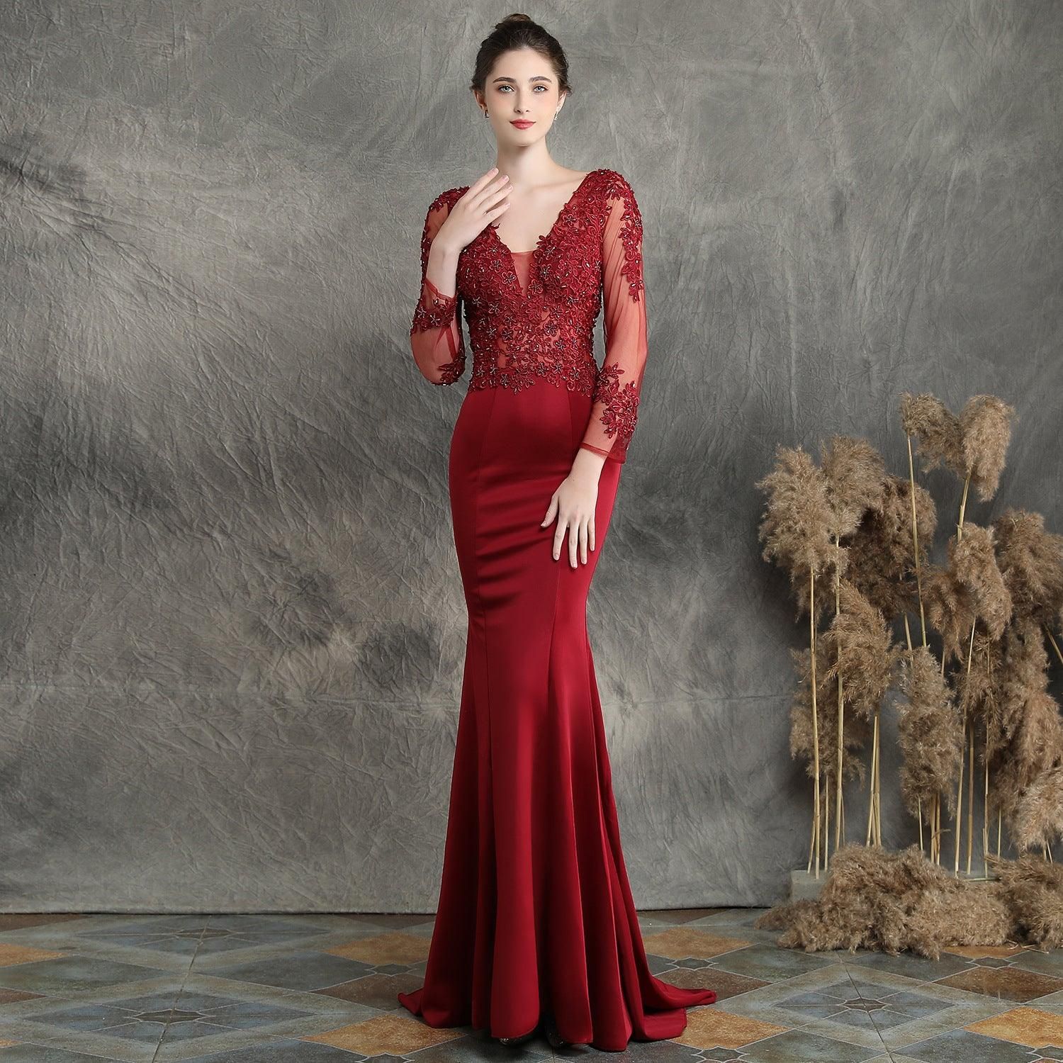 Handmade Applique Beaded Toast Dress Bride Long Long Sleeve Appreciation Dinner Fishtail Wedding Evening Dress Formal Gown - Yara fashion  44585061 Handmade Applique Beaded Toast Dress Bride Long Long Sleeve Appreciation Dinner Fishtail Wedding Evening Dress Formal Gown 