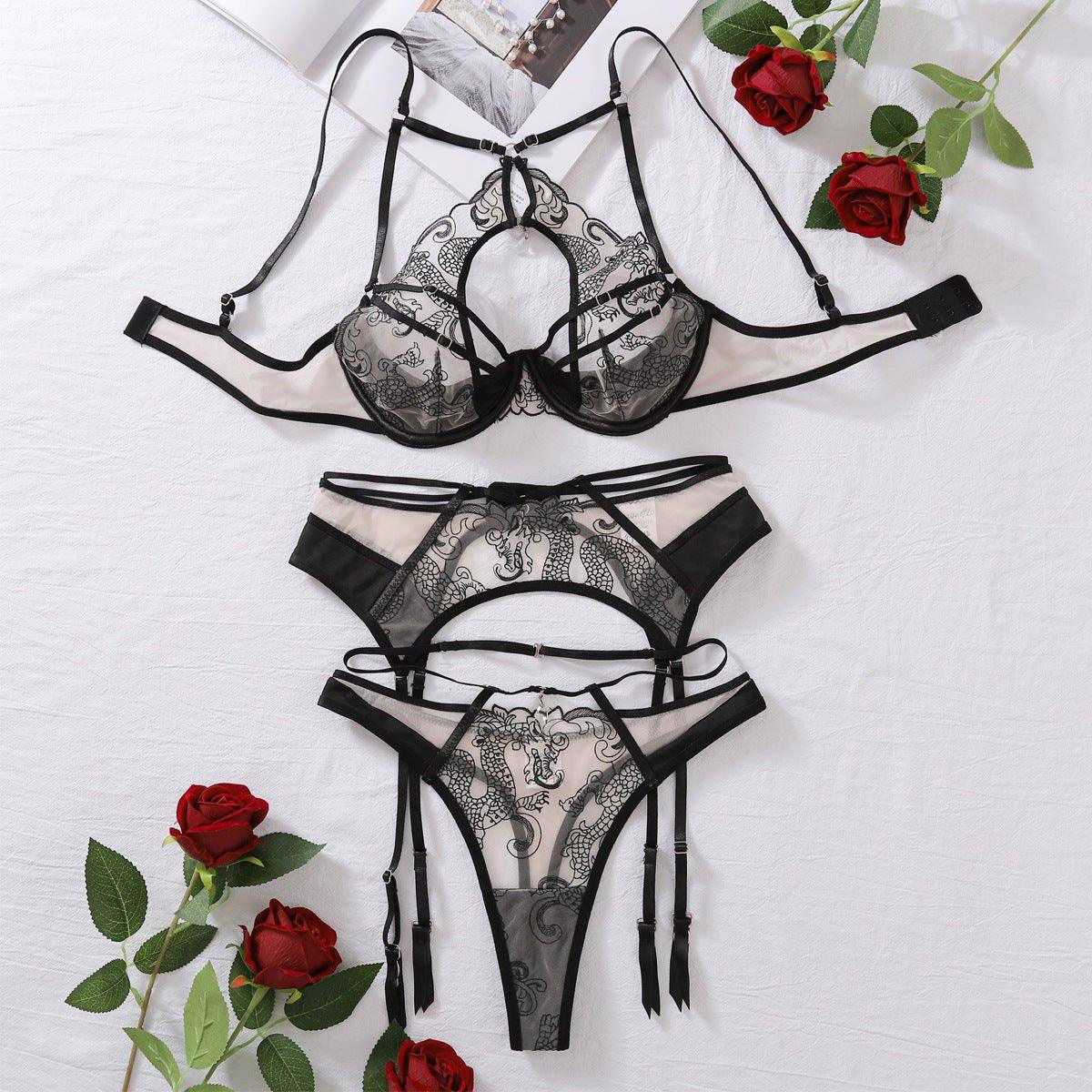 Hollow Out Cutout out Sexy Bra Suit Embroidery Stitching Craft Steel Ring Push up Sexy Underwear Three Piece Set - Yara fashionYara fashion