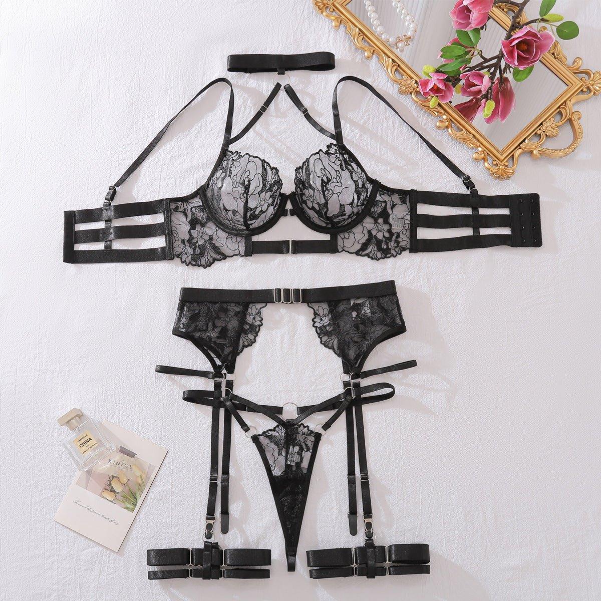 in French Sexy Halter Embroidery Mesh See through Joint Sexy Lingerie Underwear Garter Sets - Yara fashionYara fashion