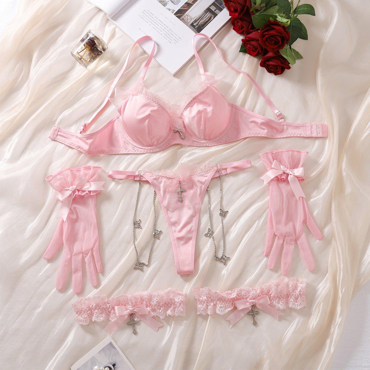 Japanese Cute Girl Pink Bow Sexy Bra Suit Elegant Lace Sexy Underwear Panties Four Piece Set - Yara fashionYara fashion