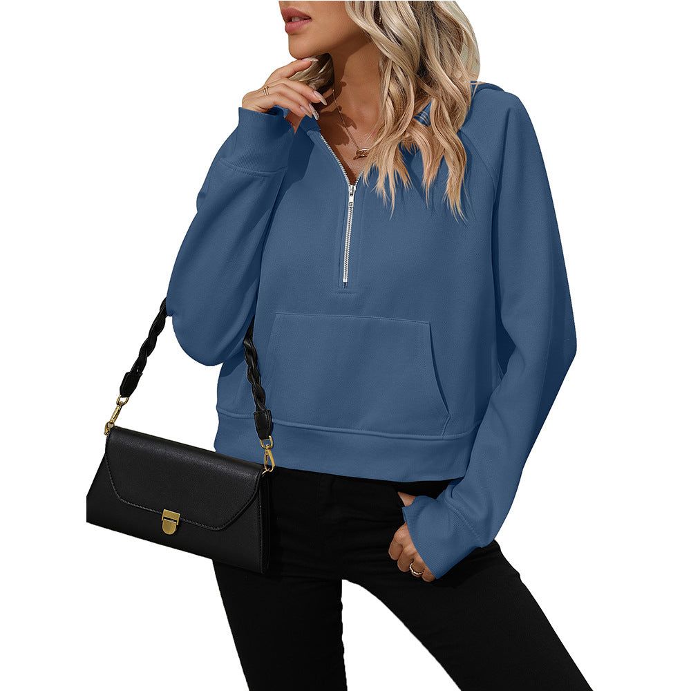 Ladies Half Zip Pullover Hooded Sweatshirt Fleece Short Chic Sweatshirt - Yara fashion  26891352 Ladies Half Zip Pullover Hooded Sweatshirt Fleece Short Chic Sweatshirt 