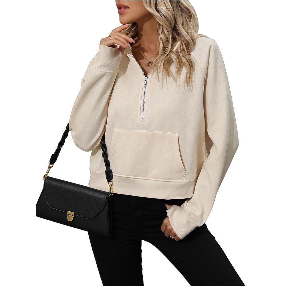 Ladies Half Zip Pullover Hooded Sweatshirt Fleece Short Chic Sweatshirt - Yara fashion  10651049 Ladies Half Zip Pullover Hooded Sweatshirt Fleece Short Chic Sweatshirt 