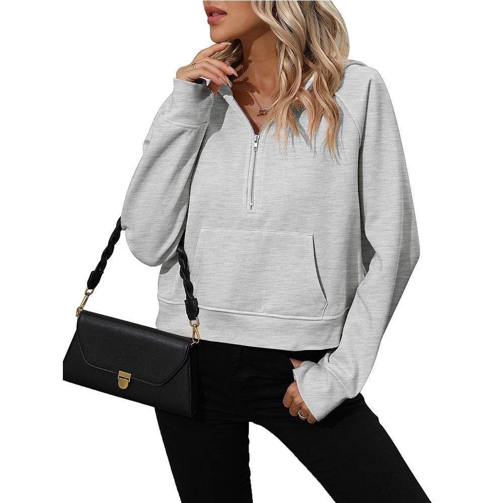 Ladies Half Zip Pullover Hooded Sweatshirt Fleece Short Chic Sweatshirt - Yara fashion  59361946 Ladies Half Zip Pullover Hooded Sweatshirt Fleece Short Chic Sweatshirt 