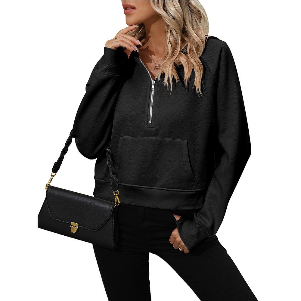 Ladies Half Zip Pullover Hooded Sweatshirt Fleece Short Chic Sweatshirt - Yara fashion  45995557 Ladies Half Zip Pullover Hooded Sweatshirt Fleece Short Chic Sweatshirt 