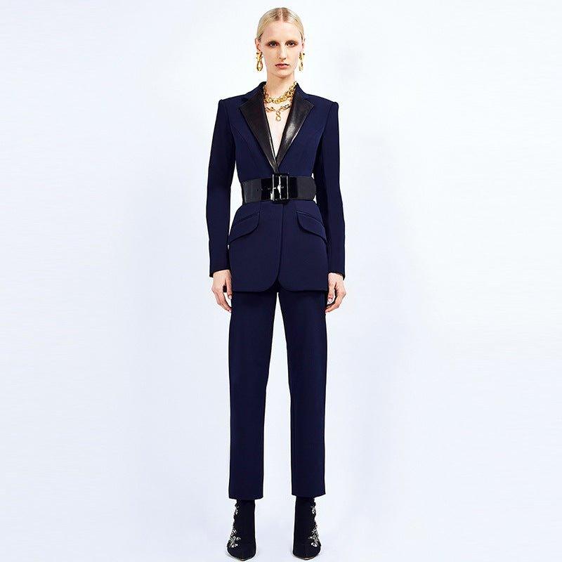 Leather Patchwork Collar Belt Mid Length Work Pant Blazer Suit Set Two Piece Set - Yara fashionYara fashion