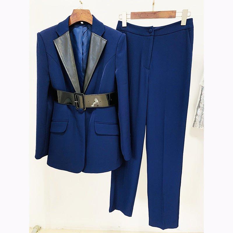 Leather Patchwork Collar Belt Mid Length Work Pant Blazer Suit Set Two Piece Set - Yara fashionYara fashion