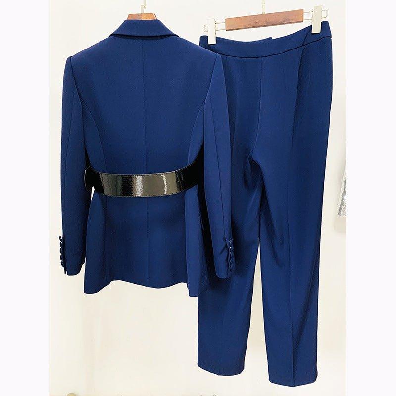 Leather Patchwork Collar Belt Mid Length Work Pant Blazer Suit Set Two Piece Set - Yara fashionYara fashion