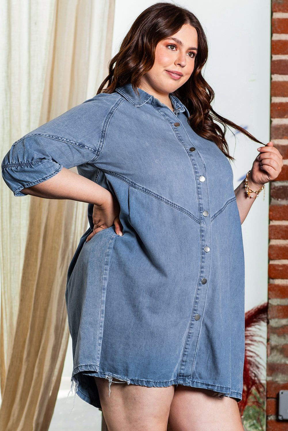 Light Blue Ruffled 3/4 Sleeve Buttoned Front Plus Size Denim Dress - Yara fashion  74720001 Light Blue Ruffled 3/4 Sleeve Buttoned Front Plus Size Denim Dress 