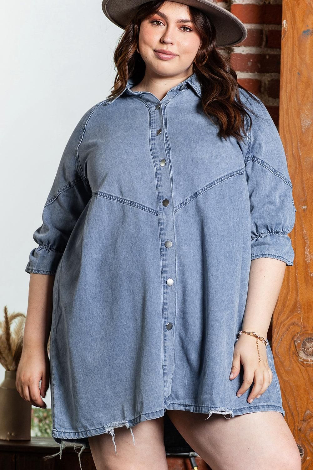 Light Blue Ruffled 3/4 Sleeve Buttoned Front Plus Size Denim Dress - Yara fashion  87357063 Light Blue Ruffled 3/4 Sleeve Buttoned Front Plus Size Denim Dress 