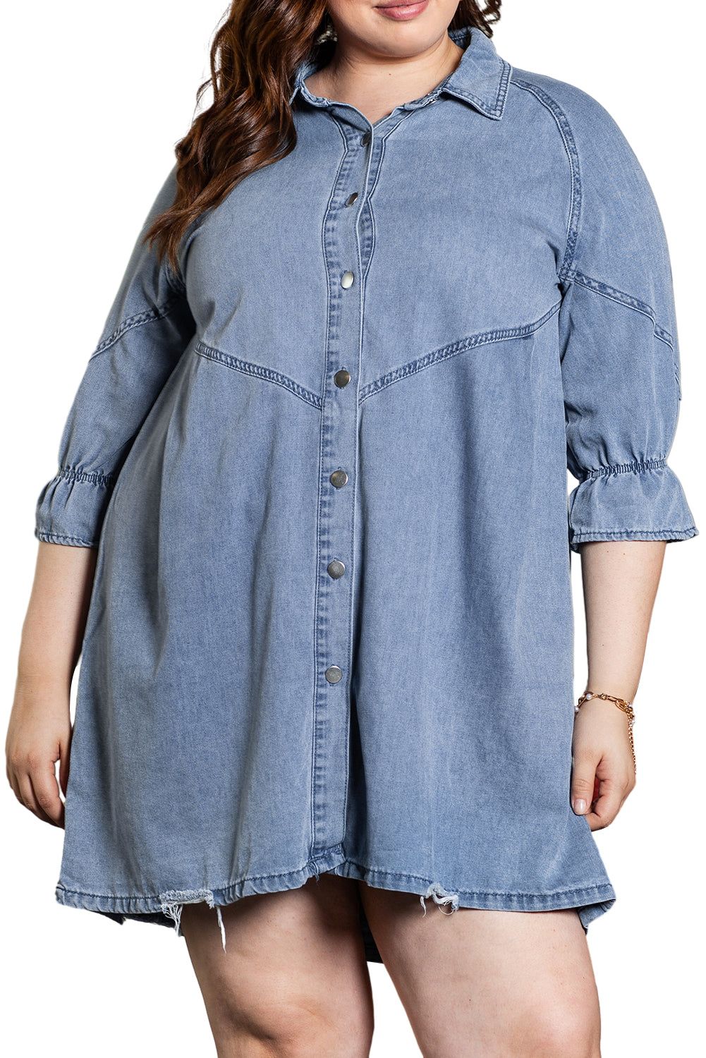 Light Blue Ruffled 3/4 Sleeve Buttoned Front Plus Size Denim Dress - Yara fashion  33073735 Light Blue Ruffled 3/4 Sleeve Buttoned Front Plus Size Denim Dress 