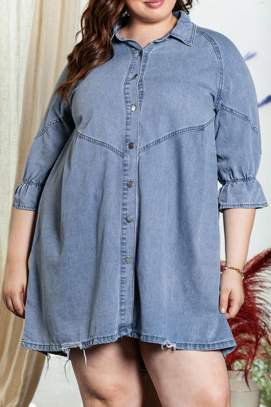 Light Blue Ruffled 3/4 Sleeve Buttoned Front Plus Size Denim Dress - Yara fashion  30658647 Light Blue Ruffled 3/4 Sleeve Buttoned Front Plus Size Denim Dress 