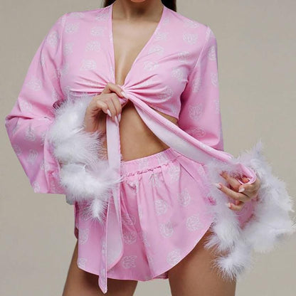 Long Sleeve Shorts Pink Sexy Fluff Two Piece Pajamas Comfortable Thin Ladies Homewear - Yara fashion  90896695 Long Sleeve Shorts Pink Sexy Fluff Two Piece Pajamas Comfortable Thin Ladies Homewear 