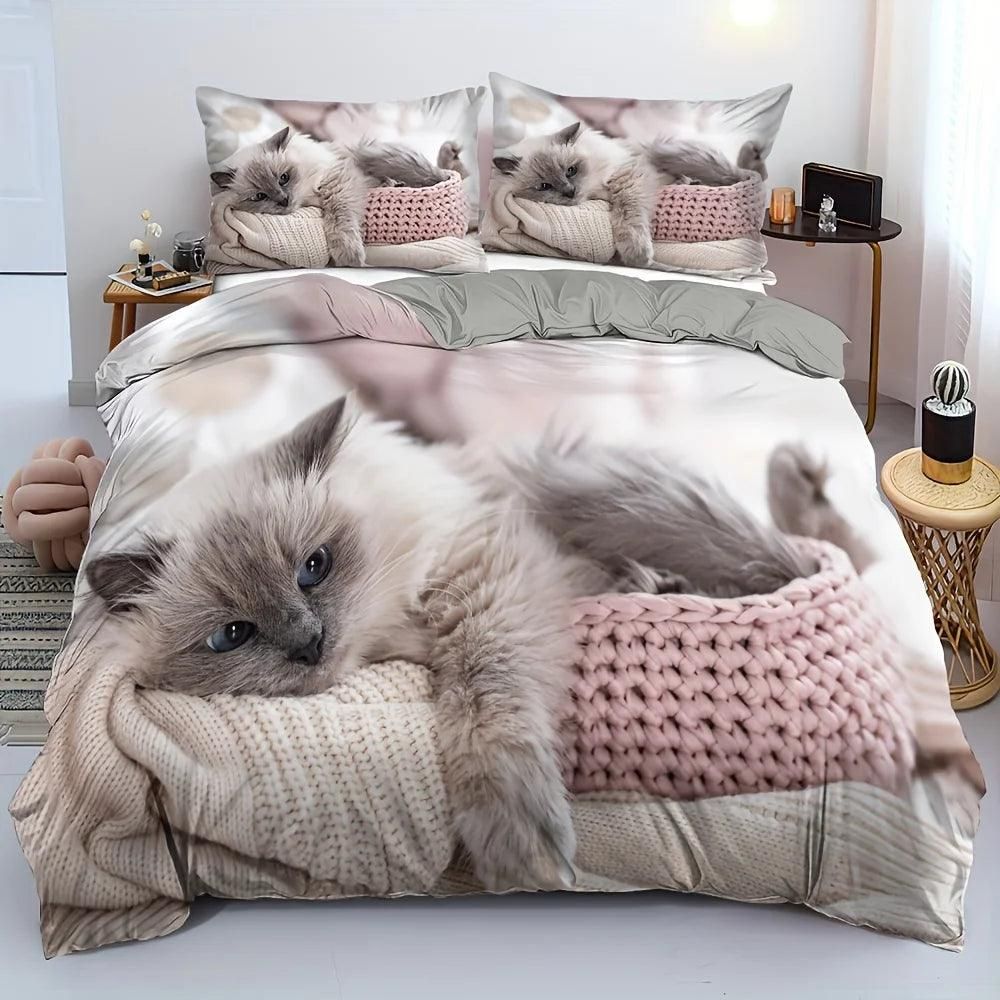 Lovely Pet Cat Duvet Cover Set (1 Duvet Cover + 1/2 Pillowcase) Soft Comfortable Cute Kitten Bedding Set For Bedroom Dorm Room - Yara fashion  46019657 Lovely Pet Cat Duvet Cover Set (1 Duvet Cover + 1/2 Pillowcase) Soft Comfortable Cute Kitten Bedding Set For Bedroom Dorm Room 