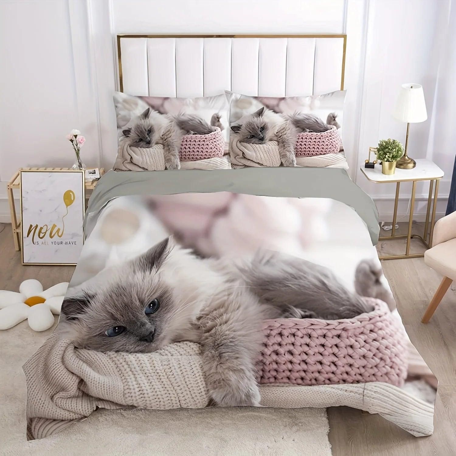 Lovely Pet Cat Duvet Cover Set (1 Duvet Cover + 1/2 Pillowcase) Soft Comfortable Cute Kitten Bedding Set For Bedroom Dorm Room - Yara fashion  98514315 Lovely Pet Cat Duvet Cover Set (1 Duvet Cover + 1/2 Pillowcase) Soft Comfortable Cute Kitten Bedding Set For Bedroom Dorm Room 