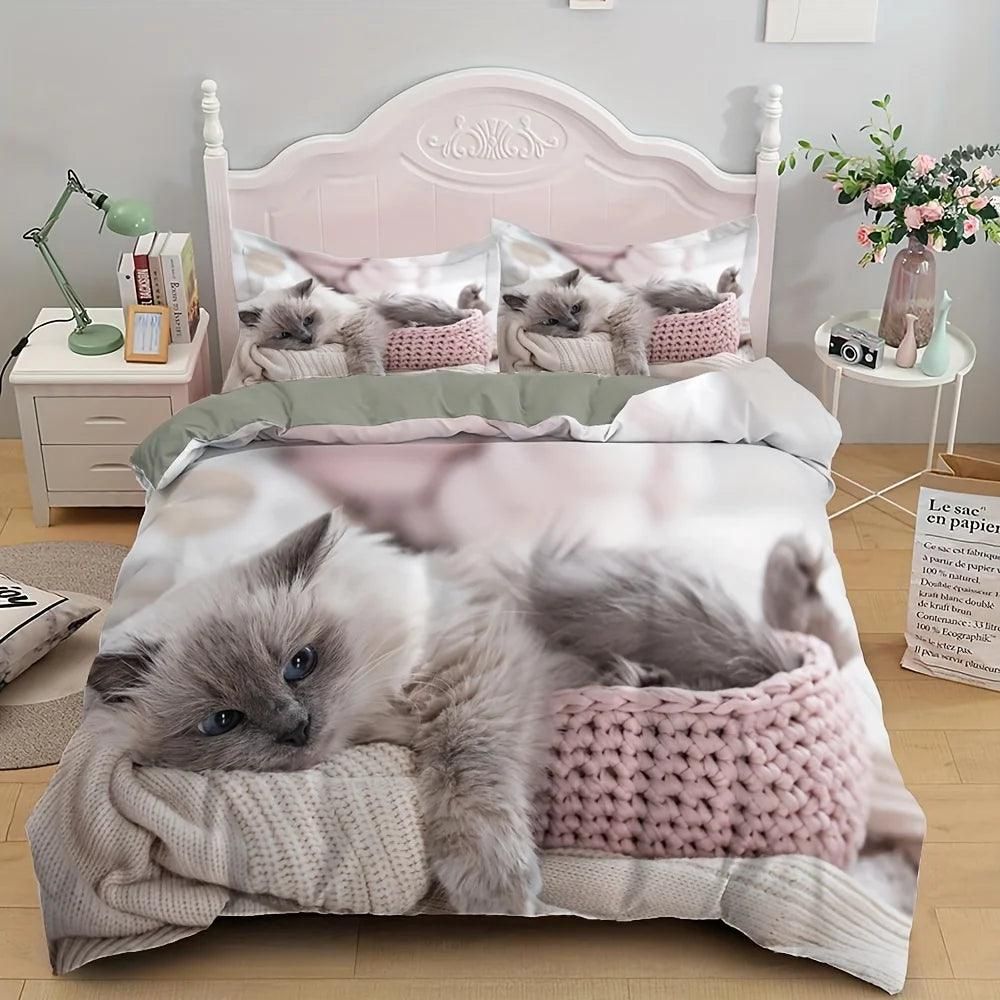 Lovely Pet Cat Duvet Cover Set (1 Duvet Cover + 1/2 Pillowcase) Soft Comfortable Cute Kitten Bedding Set For Bedroom Dorm Room - Yara fashion  7564862 Lovely Pet Cat Duvet Cover Set (1 Duvet Cover + 1/2 Pillowcase) Soft Comfortable Cute Kitten Bedding Set For Bedroom Dorm Room 