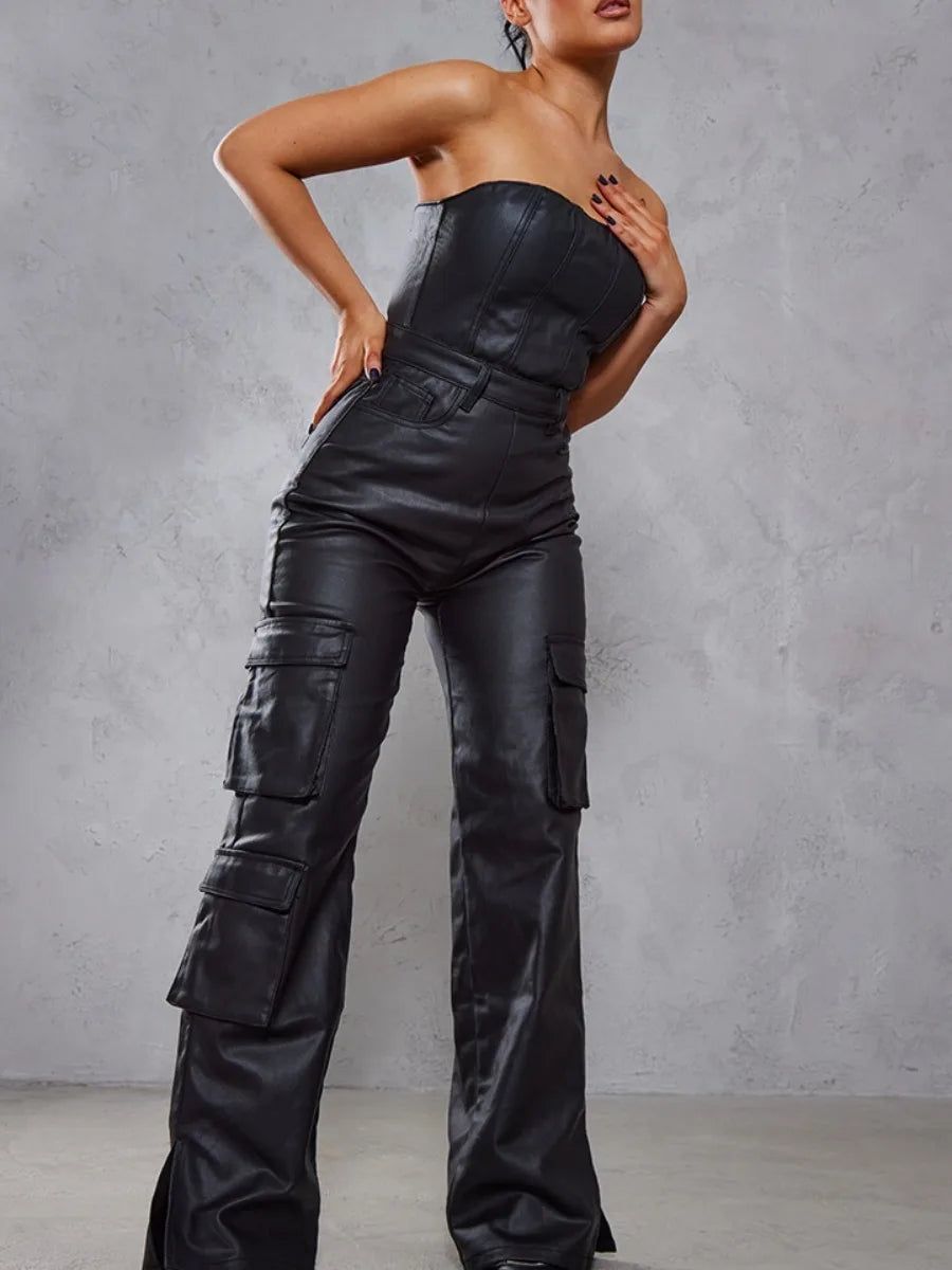 LW Bandeau Black Jumpsuits Faux Leather Sexy Plain Pocket One Piece Casual Plain Streetwears PU Sleeveless Long Pants - Yara fashion  32478052 LW Bandeau Black Jumpsuits Faux Leather Sexy Plain Pocket One Piece Casual Plain Streetwears PU Sleeveless Long Pants 