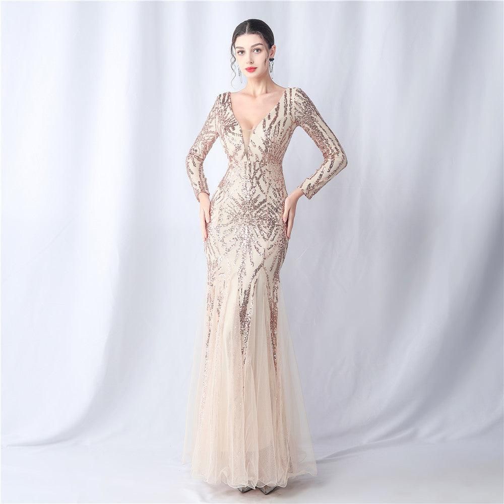 Mesh Sequin Wedding Dinner Annual Meeting Host Long Sleeve Evening Dress - Yara fashion  33210934 Mesh Sequin Wedding Dinner Annual Meeting Host Long Sleeve Evening Dress 