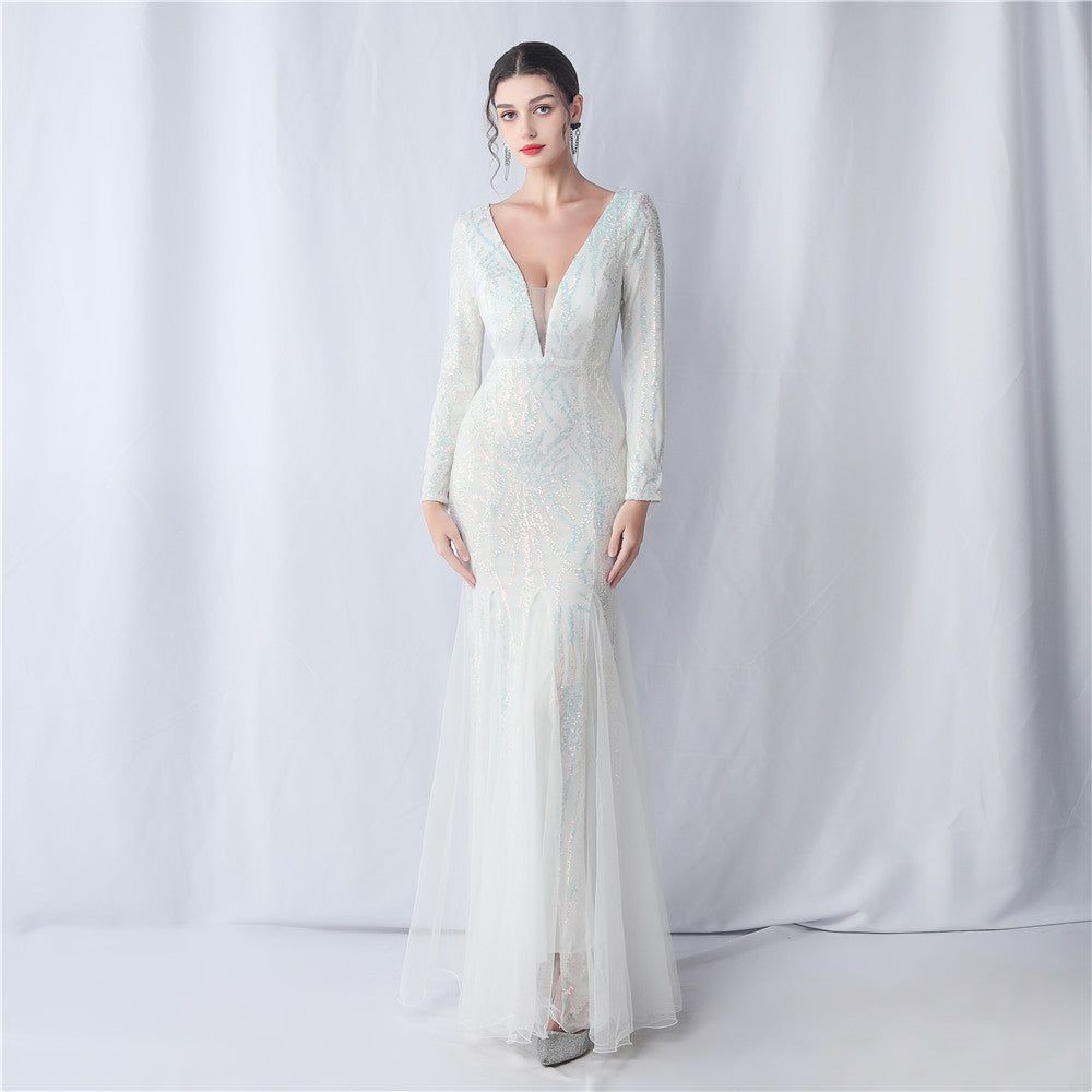 Mesh Sequin Wedding Dinner Annual Meeting Host Long Sleeve Evening Dress - Yara fashion  85988285 Mesh Sequin Wedding Dinner Annual Meeting Host Long Sleeve Evening Dress 