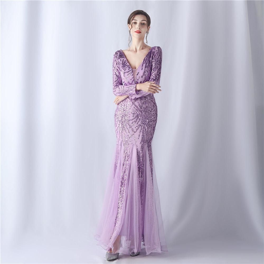 Mesh Sequin Wedding Dinner Annual Meeting Host Long Sleeve Evening Dress - Yara fashion  50327933 Mesh Sequin Wedding Dinner Annual Meeting Host Long Sleeve Evening Dress 