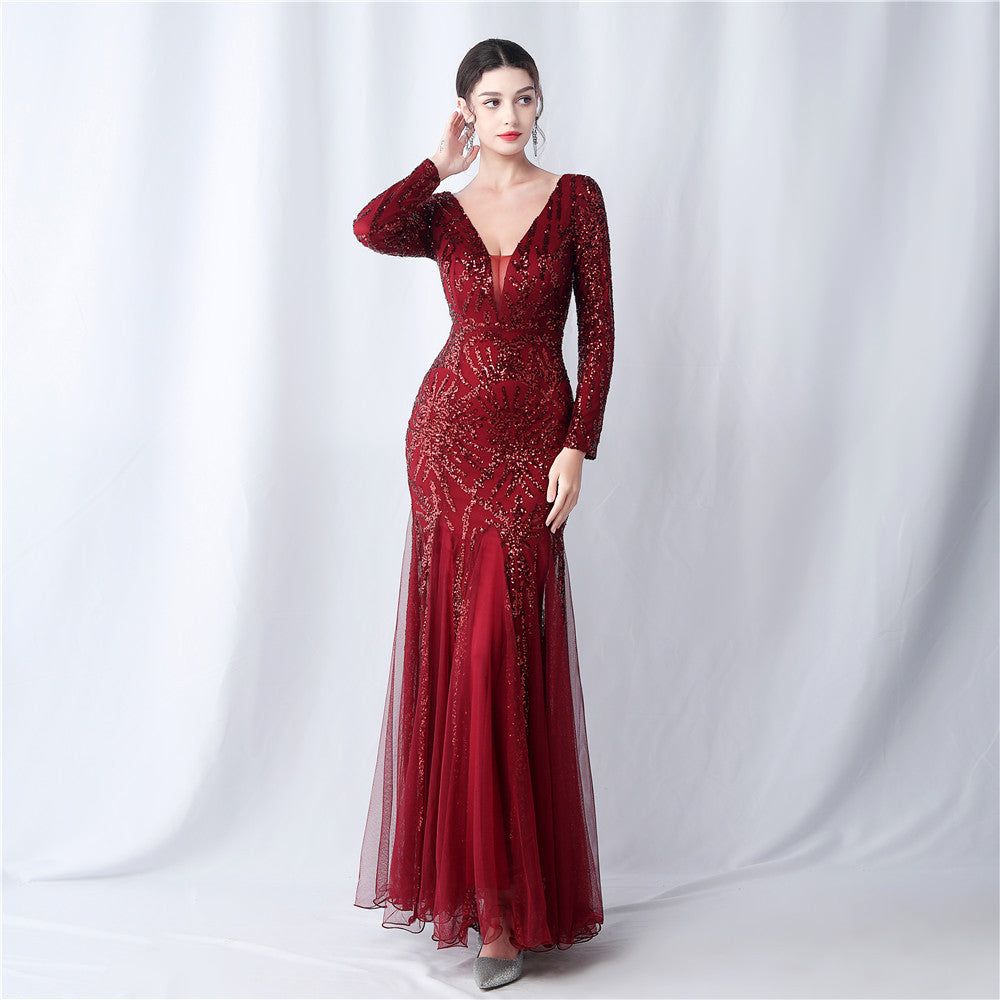 Mesh Sequin Wedding Dinner Annual Meeting Host Long Sleeve Evening Dress - Yara fashion  29861890 Mesh Sequin Wedding Dinner Annual Meeting Host Long Sleeve Evening Dress 