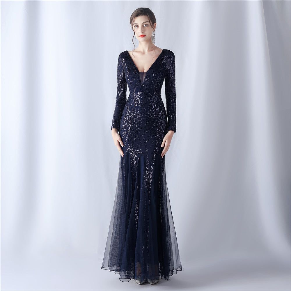 Mesh Sequin Wedding Dinner Annual Meeting Host Long Sleeve Evening Dress - Yara fashion  91496629 Mesh Sequin Wedding Dinner Annual Meeting Host Long Sleeve Evening Dress 