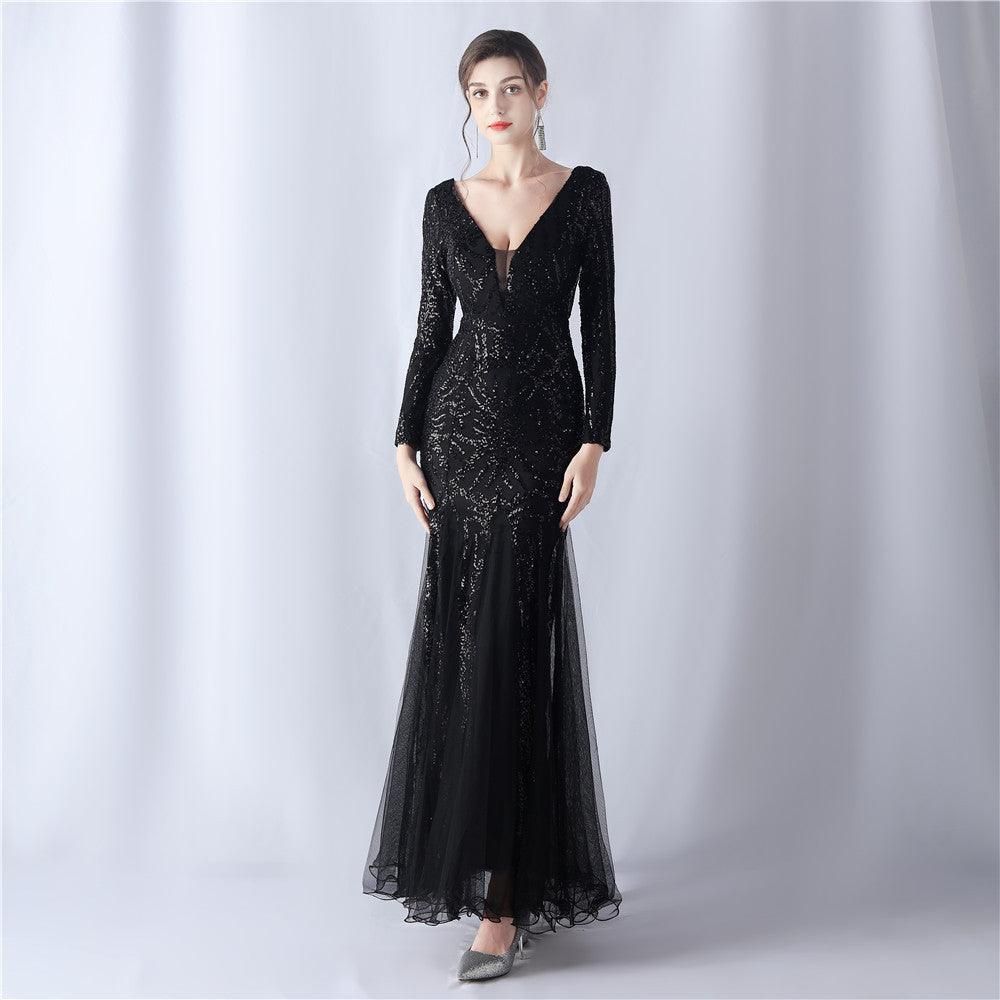 Mesh Sequin Wedding Dinner Annual Meeting Host Long Sleeve Evening Dress - Yara fashion  15087527 Mesh Sequin Wedding Dinner Annual Meeting Host Long Sleeve Evening Dress 