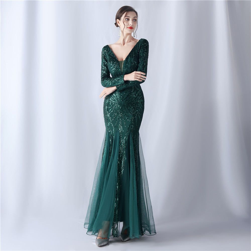 Mesh Sequin Wedding Dinner Annual Meeting Host Long Sleeve Evening Dress - Yara fashion  41834160 Mesh Sequin Wedding Dinner Annual Meeting Host Long Sleeve Evening Dress 