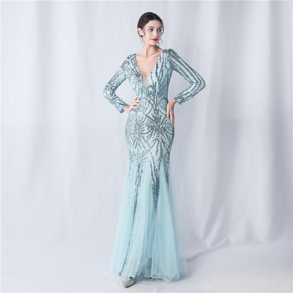 Mesh Sequin Wedding Dinner Annual Meeting Host Long Sleeve Evening Dress - Yara fashion  97168662 Mesh Sequin Wedding Dinner Annual Meeting Host Long Sleeve Evening Dress 