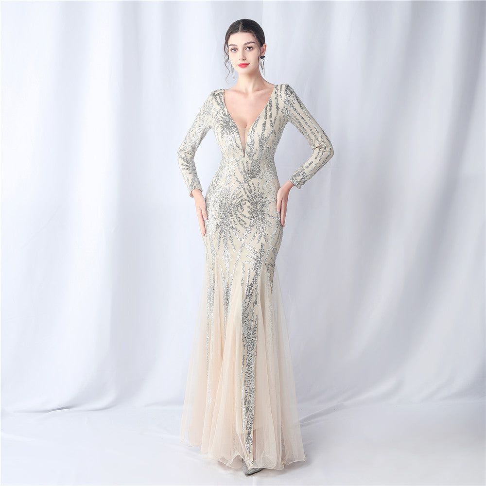 Mesh Sequin Wedding Dinner Annual Meeting Host Long Sleeve Evening Dress - Yara fashion  62658650 Mesh Sequin Wedding Dinner Annual Meeting Host Long Sleeve Evening Dress 