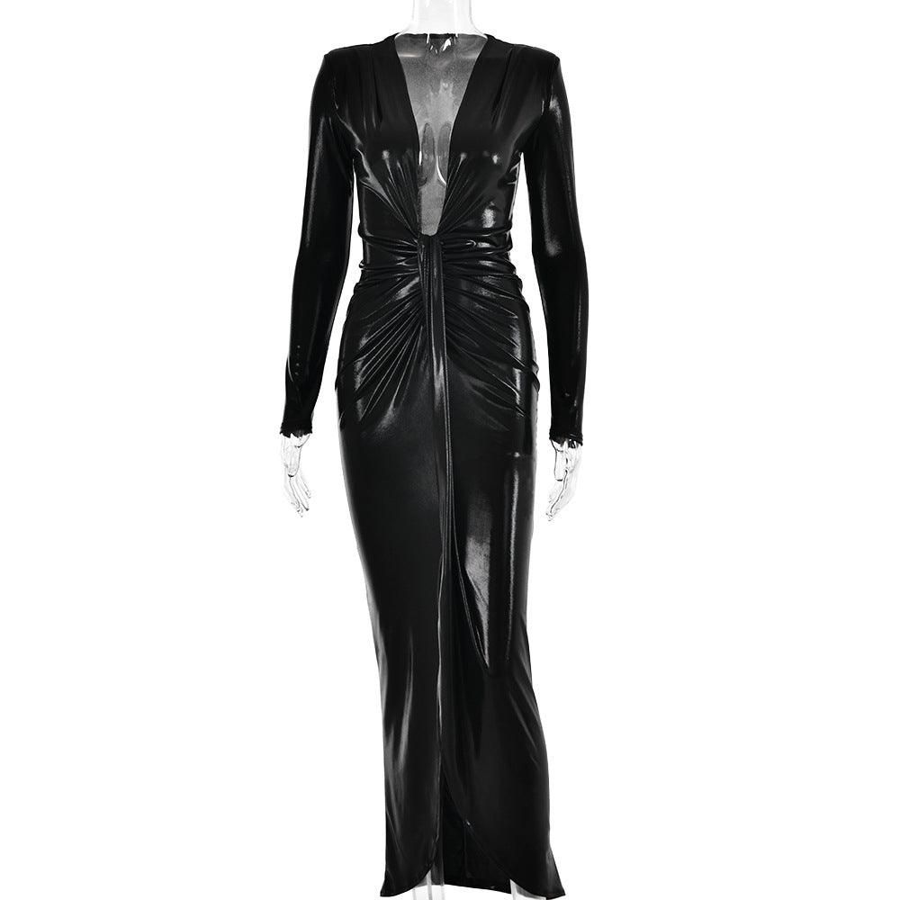 Metallic Coated Fabric Dress Sexy Glossy V neck Long Sleeve Stitching Ruffle Hip Leather Dress - Yara fashion  38984190 Metallic Coated Fabric Dress Sexy Glossy V neck Long Sleeve Stitching Ruffle Hip Leather Dress 