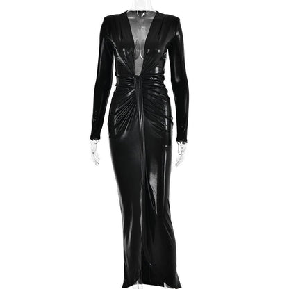 Metallic Coated Fabric Dress Sexy Glossy V neck Long Sleeve Stitching Ruffle Hip Leather Dress - Yara fashion  38984190 Metallic Coated Fabric Dress Sexy Glossy V neck Long Sleeve Stitching Ruffle Hip Leather Dress 