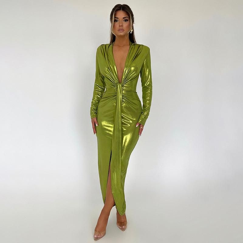 Metallic Coated Fabric Dress Sexy Glossy V neck Long Sleeve Stitching Ruffle Hip Leather Dress - Yara fashion  80922203 Metallic Coated Fabric Dress Sexy Glossy V neck Long Sleeve Stitching Ruffle Hip Leather Dress 