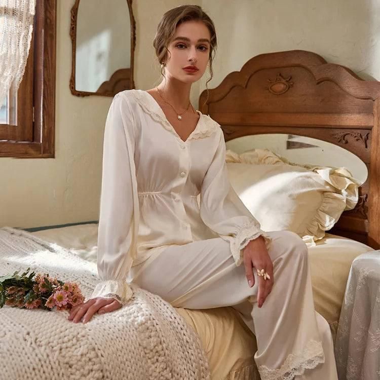 New Pajamas Pour Femme Nightown Lace Palace Style Sleepwear Laepl Satin Home Clothes Long Sleeve Nightwear Pyjamas - Yara fashion  2158782 New Pajamas Pour Femme Nightown Lace Palace Style Sleepwear Laepl Satin Home Clothes Long Sleeve Nightwear Pyjamas 