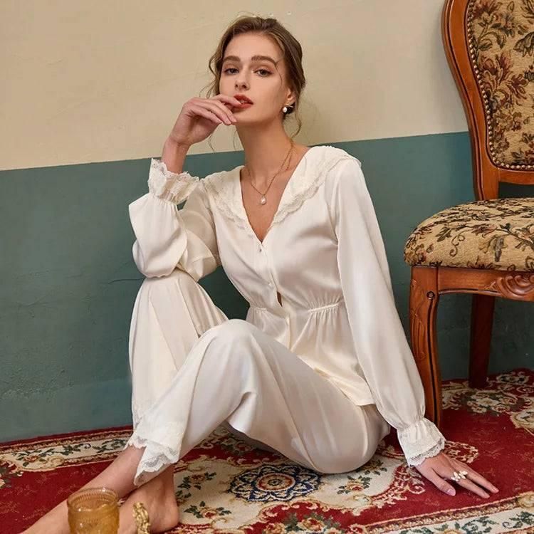 New Pajamas Pour Femme Nightown Lace Palace Style Sleepwear Laepl Satin Home Clothes Long Sleeve Nightwear Pyjamas - Yara fashion  37823253 New Pajamas Pour Femme Nightown Lace Palace Style Sleepwear Laepl Satin Home Clothes Long Sleeve Nightwear Pyjamas 