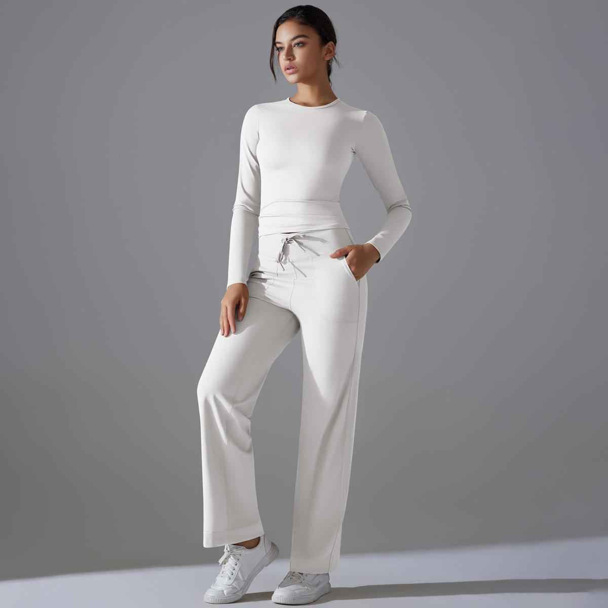 Nude Feel Skin Friendly Long Sleeve Yoga Wear High Strength Workout Clothes Pocket Running Sports Drawstring Wide Leg Pants Sets - Yara fashion Yara fashion 69.99