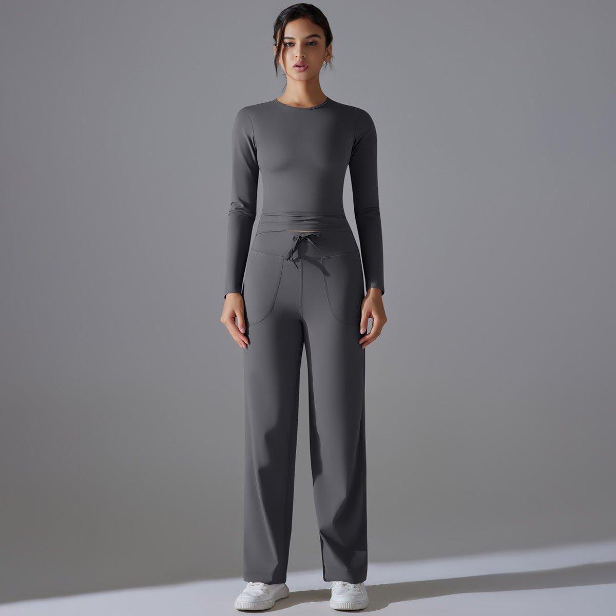 Nude Feel Skin Friendly Long Sleeve Yoga Wear High Strength Workout Clothes Pocket Running Sports Drawstring Wide Leg Pants Sets - Yara fashionYara fashion