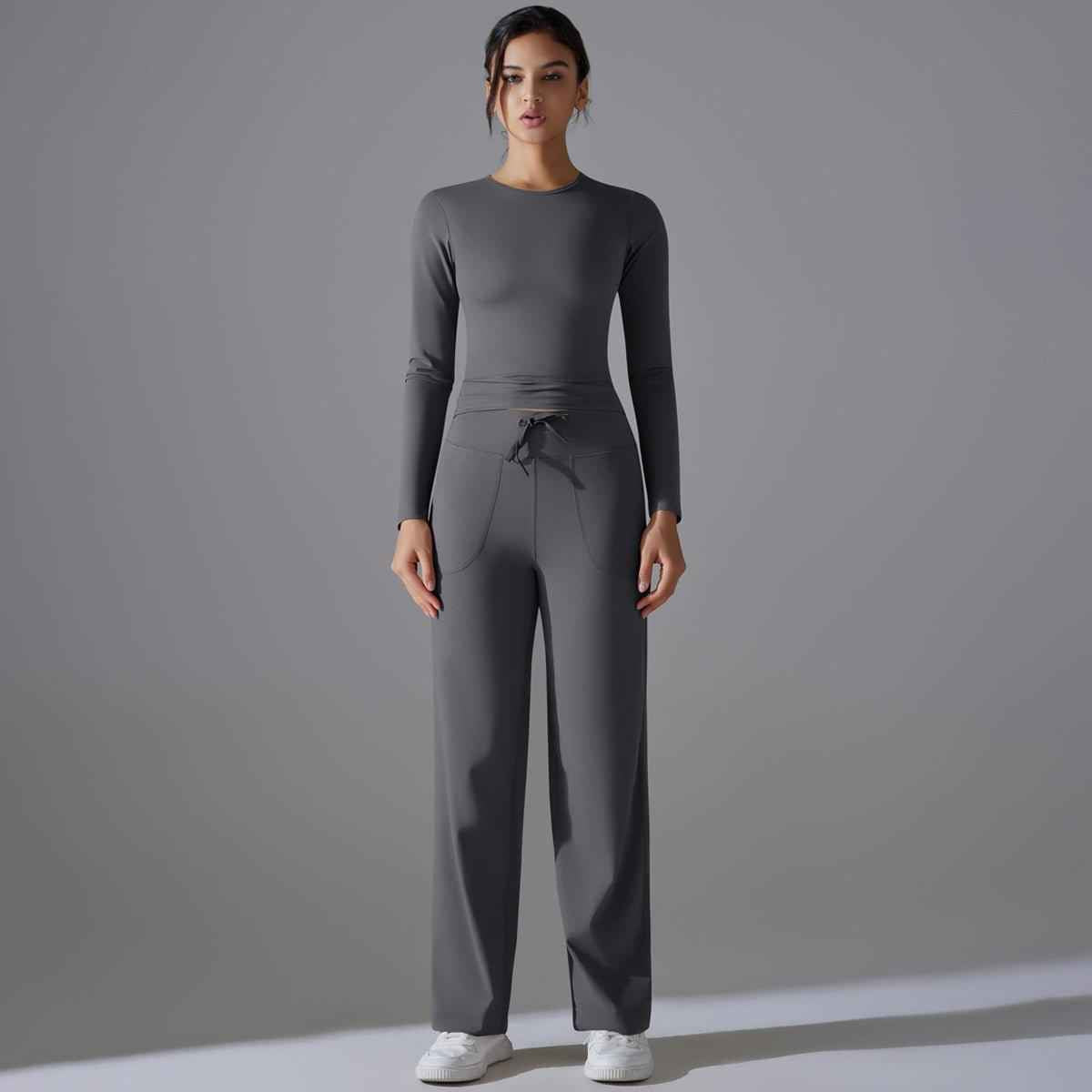Nude Feel Skin Friendly Long Sleeve Yoga Wear High Strength Workout Clothes Pocket Running Sports Drawstring Wide Leg Pants Sets - Yara fashion Yara fashion 69.99