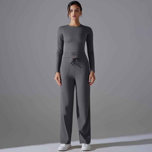 Nude Feel Skin Friendly Long Sleeve Yoga Wear High Strength Workout Clothes Pocket Running Sports Drawstring Wide Leg Pants Sets - Yara fashion Yara fashion 69.99