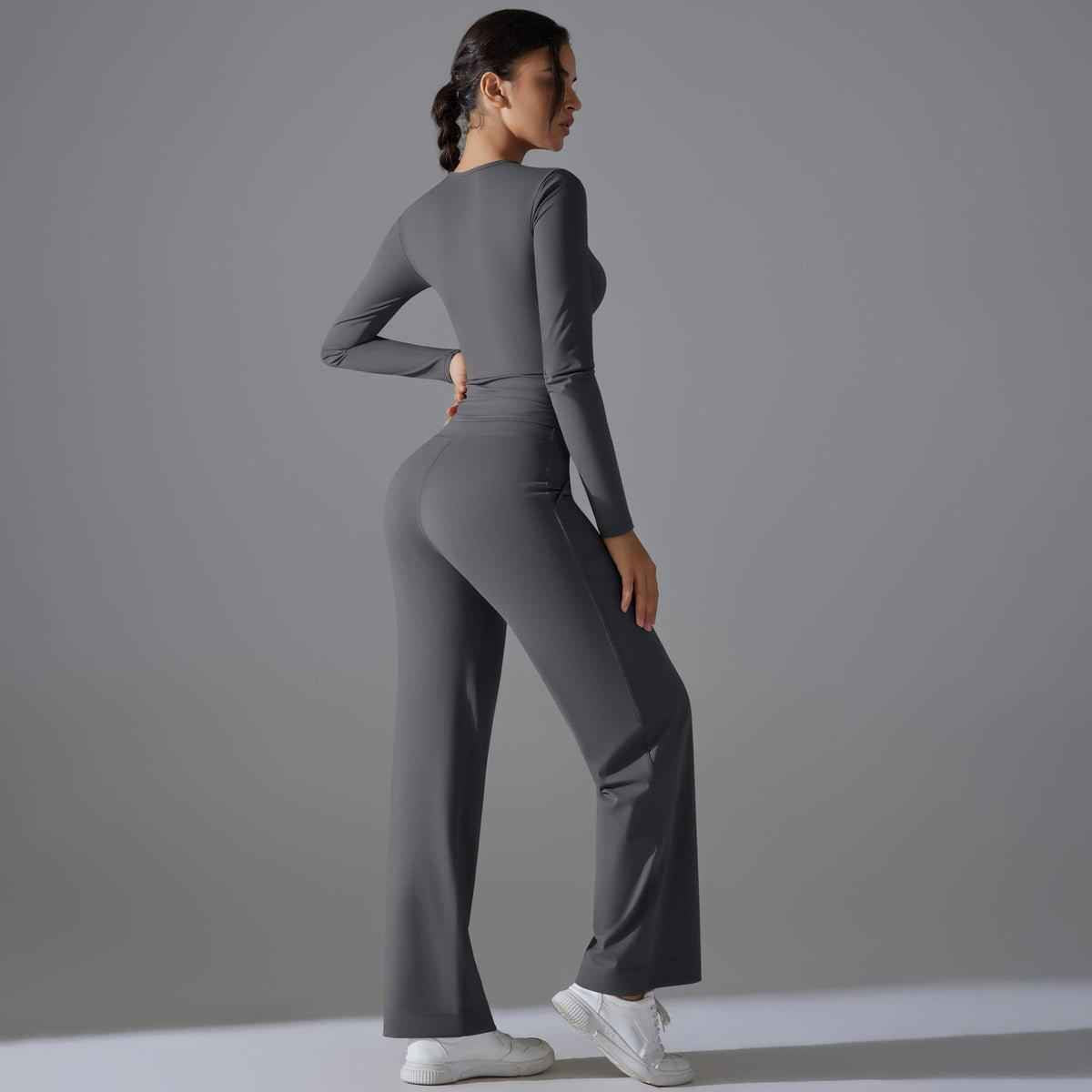 Nude Feel Skin Friendly Long Sleeve Yoga Wear High Strength Workout Clothes Pocket Running Sports Drawstring Wide Leg Pants Sets - Yara fashion Yara fashion 69.99