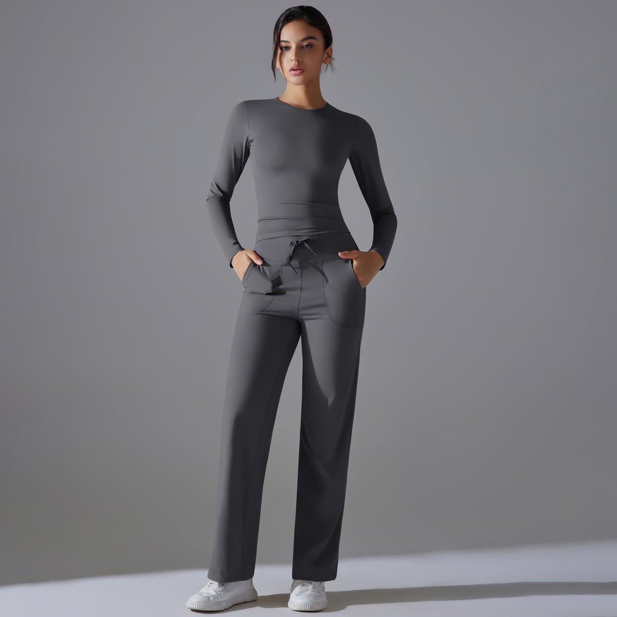 Nude Feel Skin Friendly Long Sleeve Yoga Wear High Strength Workout Clothes Pocket Running Sports Drawstring Wide Leg Pants Sets - Yara fashionYara fashion