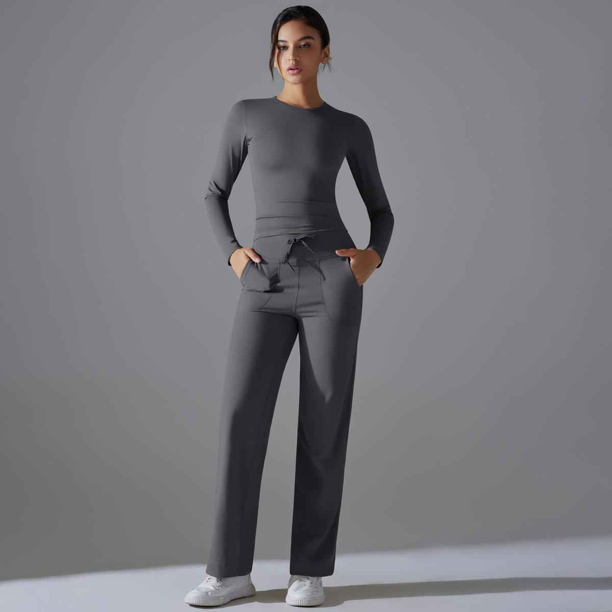 Nude Feel Skin Friendly Long Sleeve Yoga Wear High Strength Workout Clothes Pocket Running Sports Drawstring Wide Leg Pants Sets - Yara fashion Yara fashion 69.99